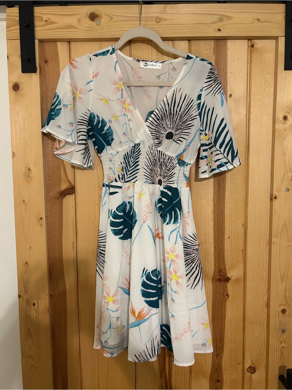 Cupshe White Mini Dress with Teal & Black Botanical Print